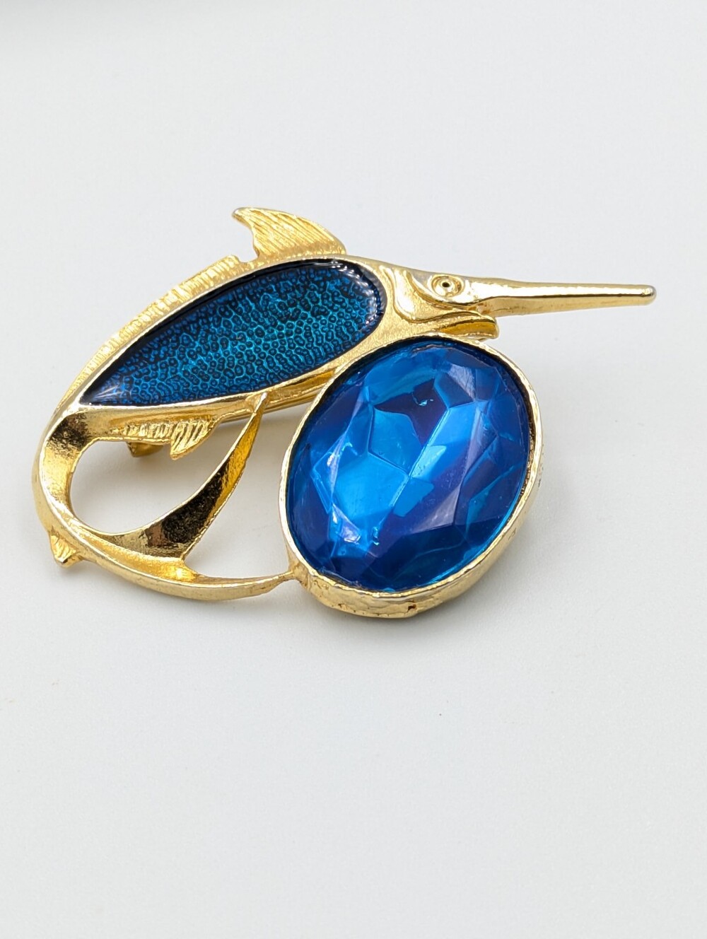 Vintage 1970s gold tone swordfish blue enamel and rhinestone
